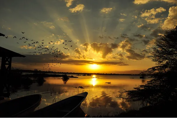 Lake Naivasha at dusk from the Rift Valley escarpment, amber light over the water